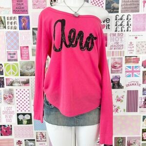 y2k aeropostale pink sequin logo waffle knit top size L